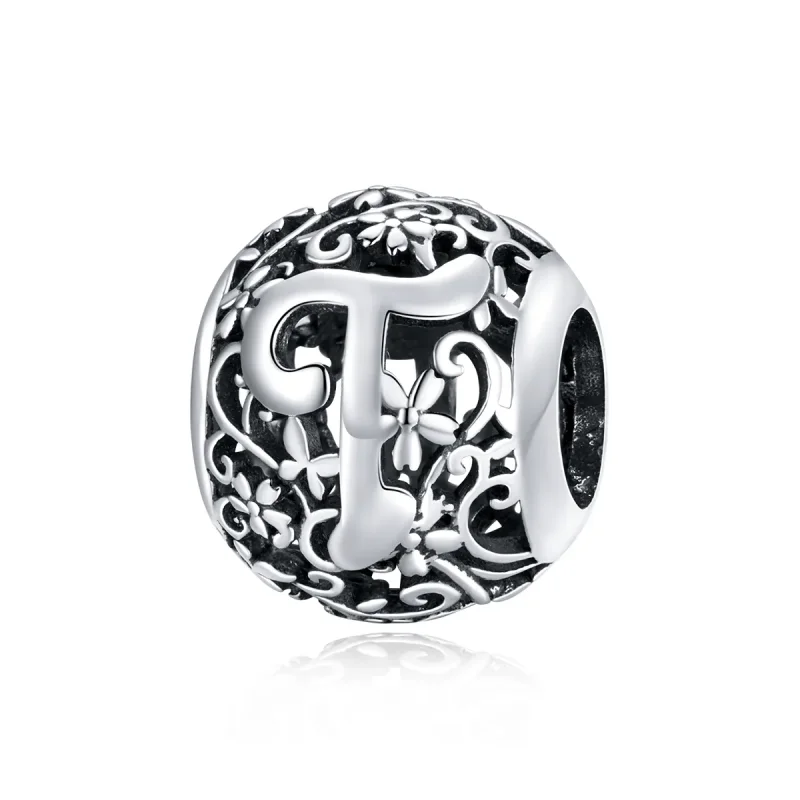 (image for) Pandora Style Openwork Flower Letter T Charm - SCC1444-T 