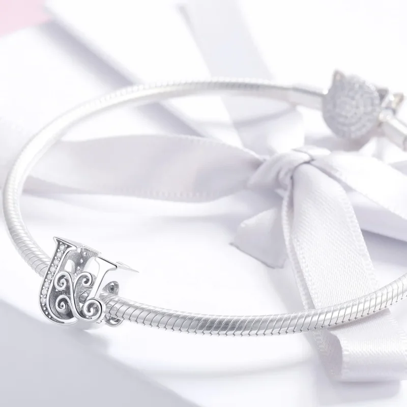 (image for) Pandora Style Sparkling Pavé Flower Letter U Charm - BSC030-U - View 3