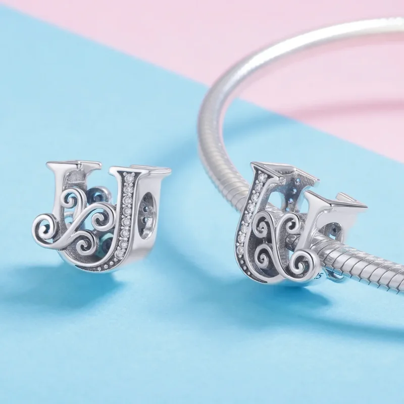 (image for) Pandora Style Sparkling Pavé Flower Letter U Charm - BSC030-U - View 4