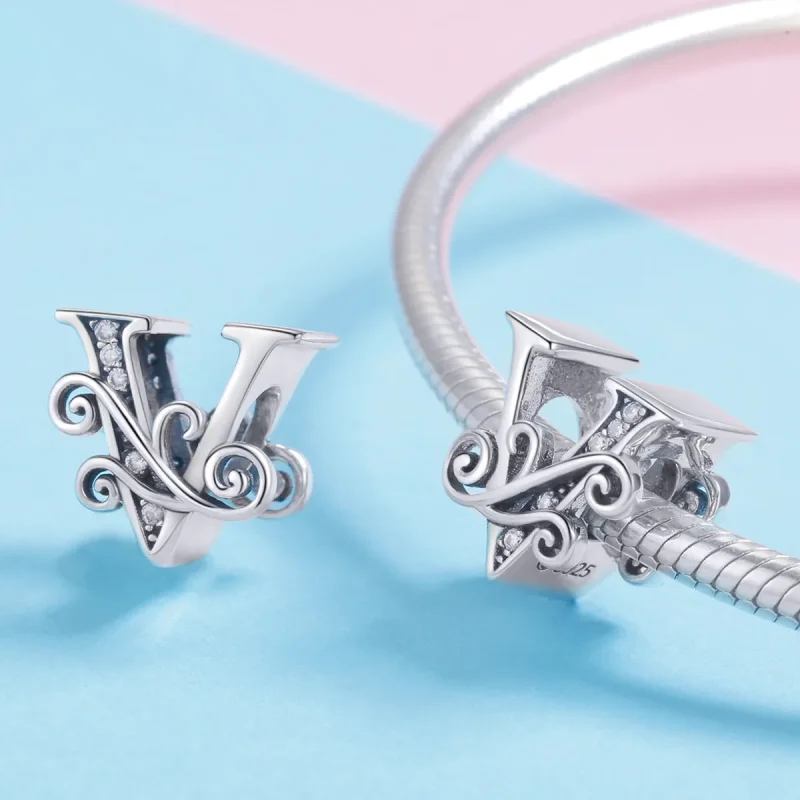 (image for) Pandora Style Sparkling Pavé Flower Letter V Charm - BSC030-V - View 4