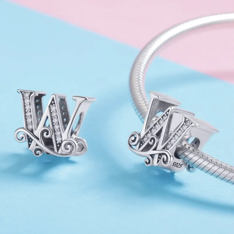 (image for) Pandora Style Sparkling Pavé Flower Letter W Charm - BSC030-W - View 4