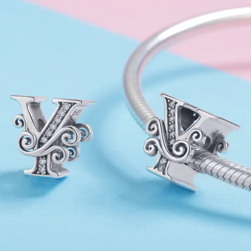 (image for) Pandora Style Sparkling Pavé Flower Letter Y Charm - BSC030-Y - View 4