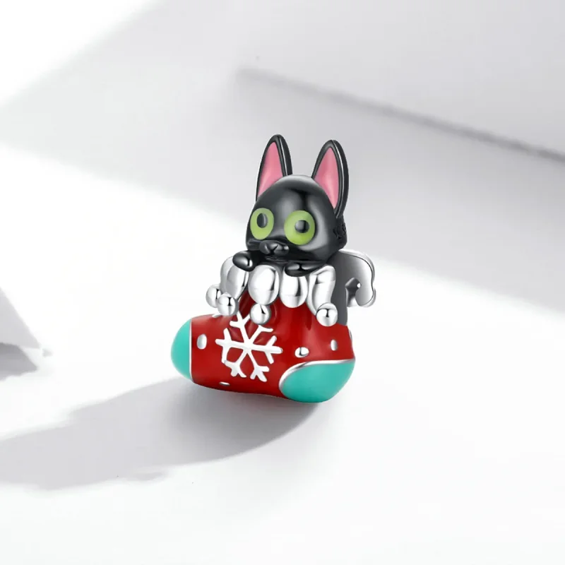 (image for) Pandora Style Silver Christmas stockings kitten Charm - SCC2036 - View 2