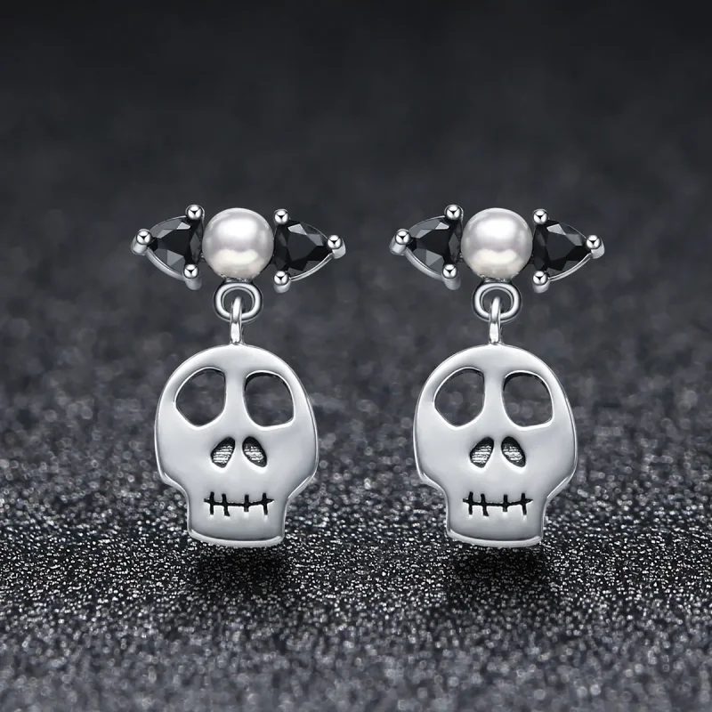 (image for) Pandora Style Silver Personality Skull Dangle Earrings - VSE084 - View 2