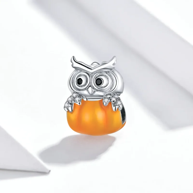(image for) Pandora Style Silver Pumpkin Owl Charm - BSC342 - View 2