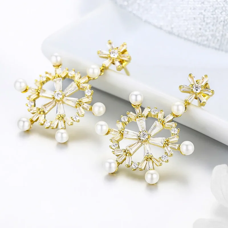 (image for) Pandora Style Silver snowflakes Dangle Earrings - BSE073 - View 2