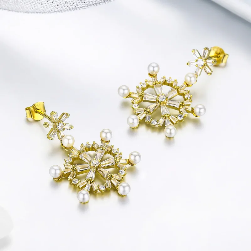 (image for) Pandora Style Silver snowflakes Dangle Earrings - BSE073 - View 3