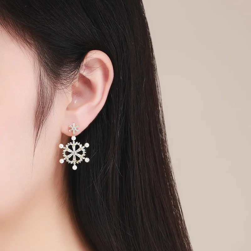 (image for) Pandora Style Silver snowflakes Dangle Earrings - BSE073 - View 5