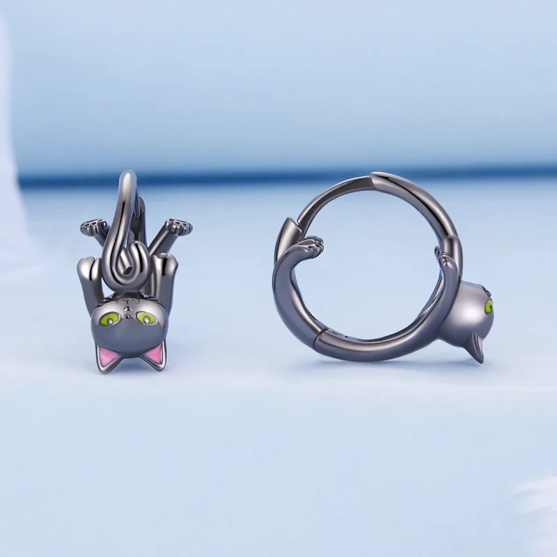 (image for) Pandora Style Black Cat Hoop Earrings - BSE798 - View 2