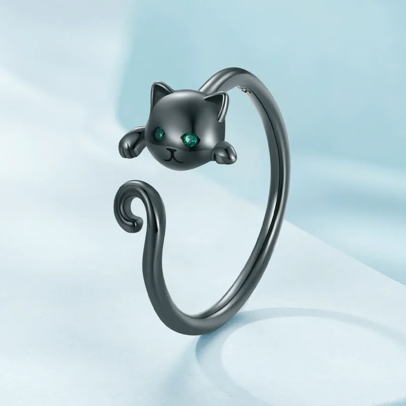 (image for) Pandora Style Black Cute Cat Open Ring - SCR707-D - View 2