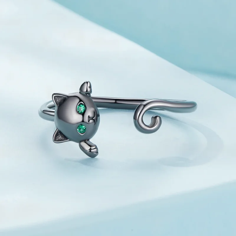 (image for) Pandora Style Black Cute Cat Open Ring - SCR707-D - View 3