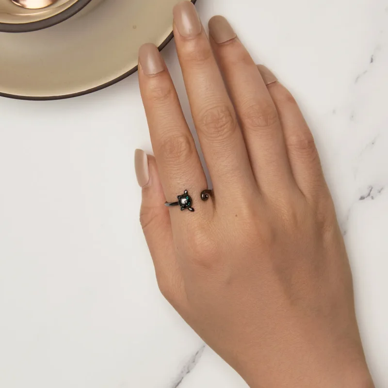 (image for) Pandora Style Black Cute Cat Open Ring - SCR707-D - View 5