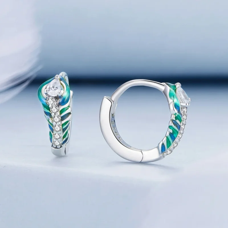 (image for) Pandora Style Feather Hoop Earrings - BSE882 - View 2