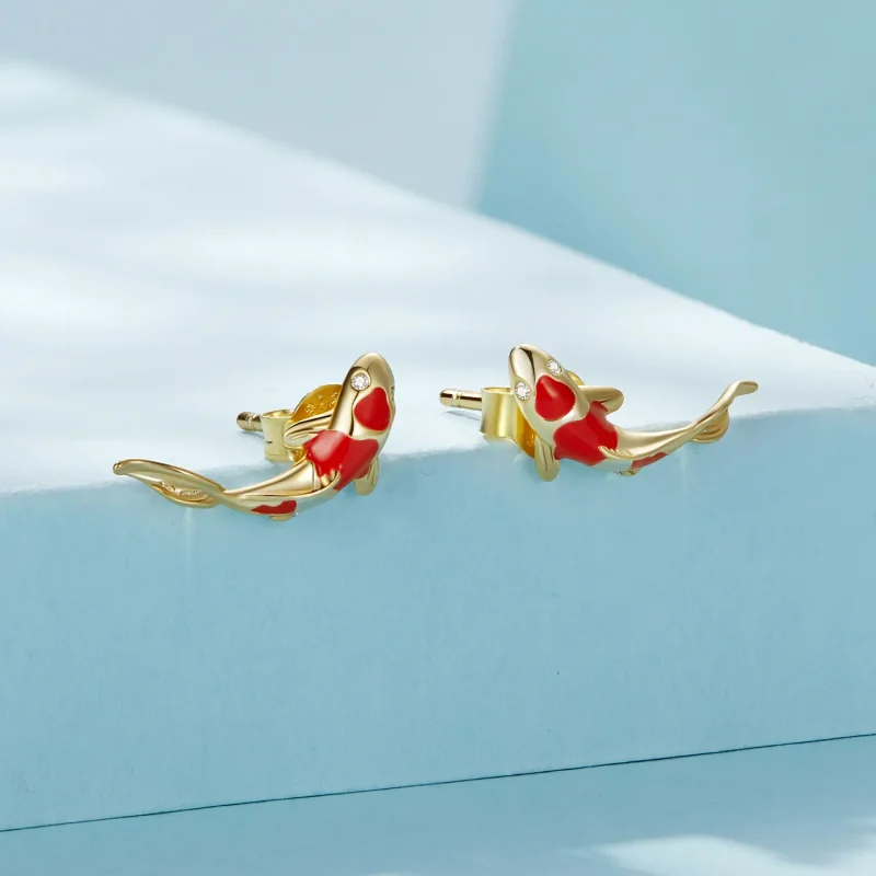 (image for) Pandora Style Golden Koi-Silver Studs Earrings - SCE812-B - View 2