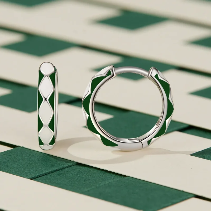 (image for) Pandora Style Green and white diamond pattern Hoop Earrings - SCE1611-GN - View 2