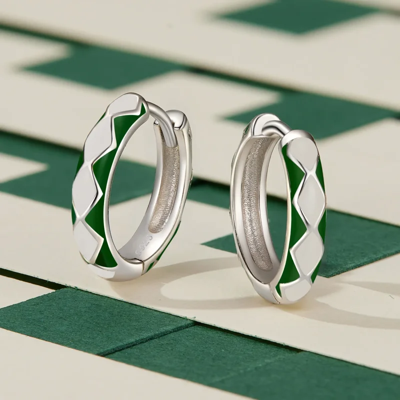 (image for) Pandora Style Green and white diamond pattern Hoop Earrings - SCE1611-GN - View 3