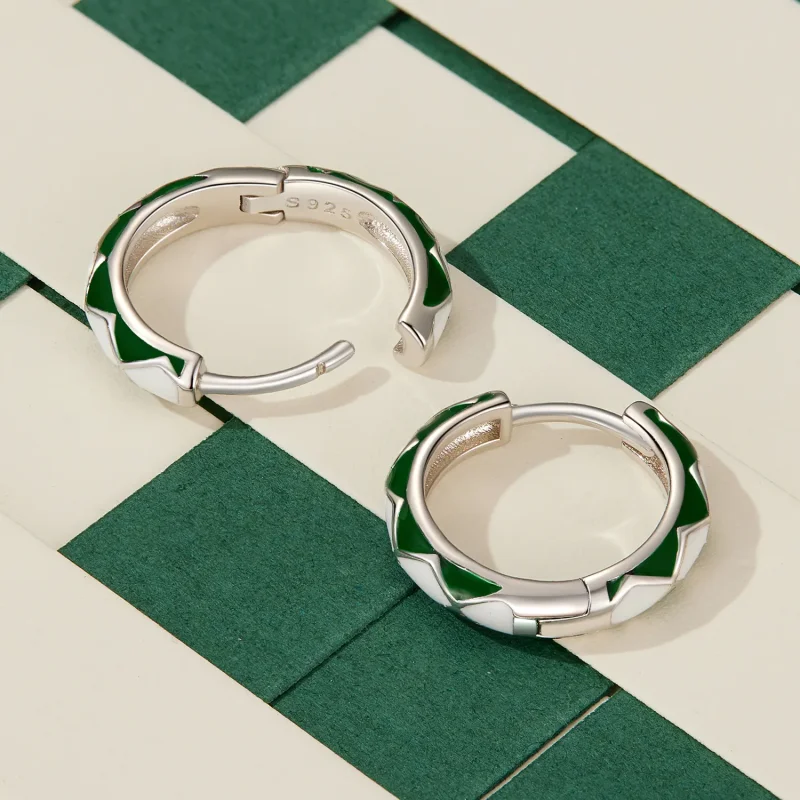 (image for) Pandora Style Green and white diamond pattern Hoop Earrings - SCE1611-GN - View 4