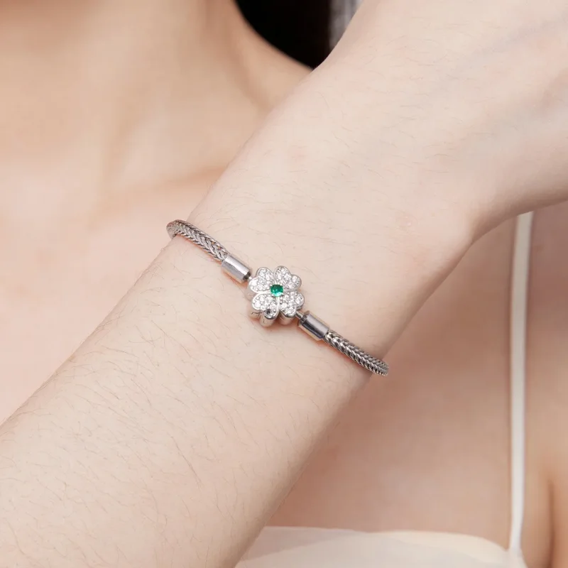 (image for) Pandora Style Green Zircon Lucky Four Leaf Clover Chain Bracelet - BSB119 - View 7