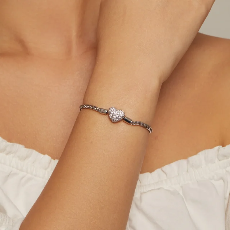 (image for) Pandora Style Heart Shape Sparkling Chain Bracelet - BSB133 - View 4