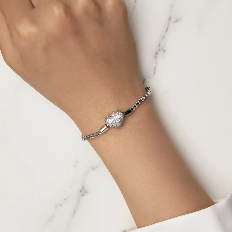 (image for) Pandora Style Heart Shape Sparkling Chain Bracelet - BSB133 - View 7
