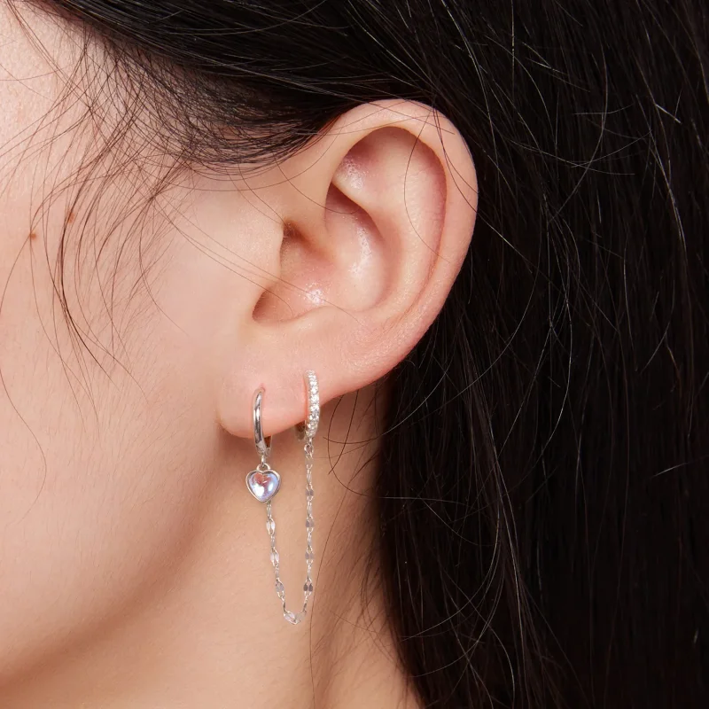 (image for) Pandora Style Heart Shaped Moonstone Chain Double Hoop Earrings - BSE809 - View 5