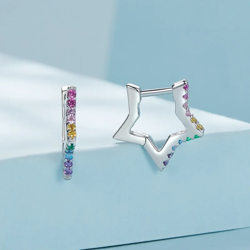 (image for) Pandora Style Iridescent Stars Hoop Earrings - SCE1627 - View 2