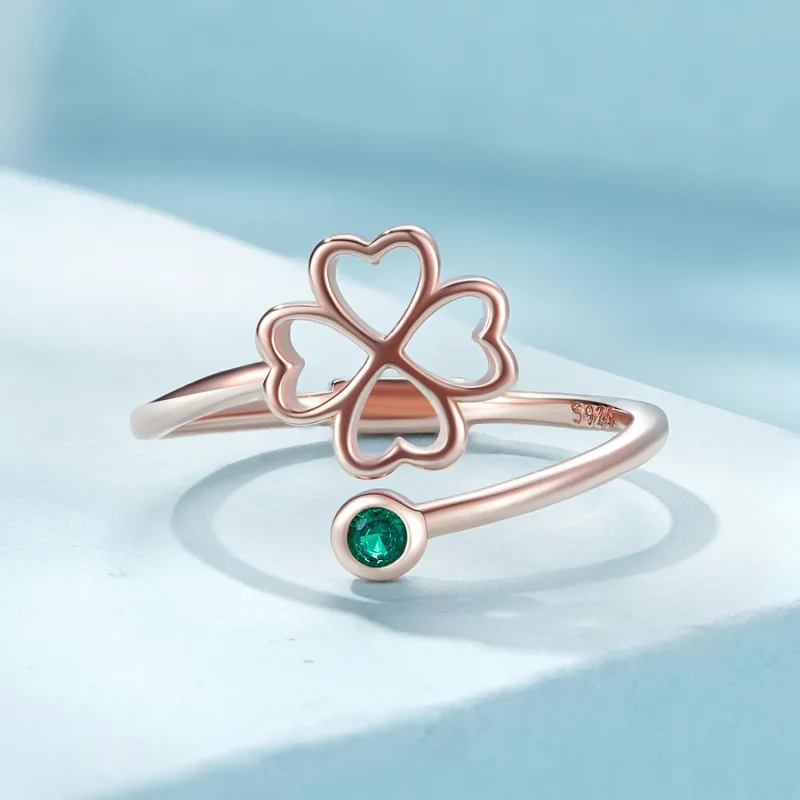 (image for) Pandora Style Rose gold four leaf clover open ring - SCR843-C - View 3