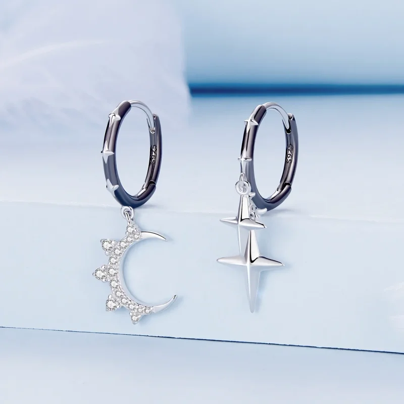 (image for) Pandora Style Stars and Moon Shine Hoop Earrings - BSE805 - View 2