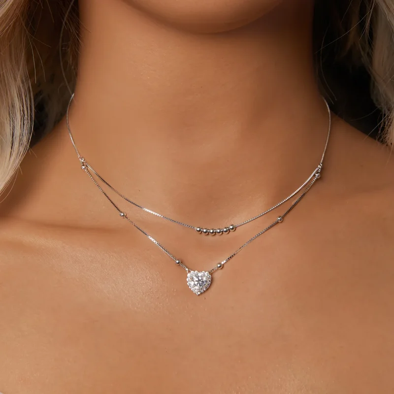 (image for) PANDORA Style Double Moissanite Necklace (One Certificate) - MSN033 - View 5