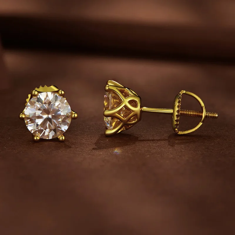 (image for) Pandora Style Gold Plated One Carat Six-Claw Moissanite Stud Earrings - MSE004-B - View 2