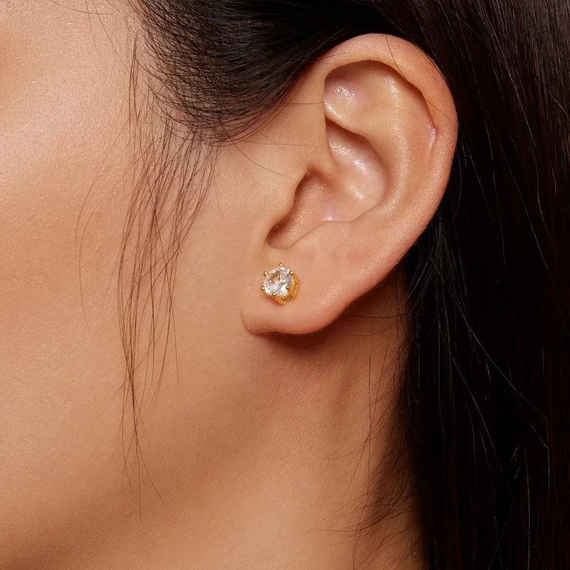 (image for) Pandora Style Gold Plated Shiny Zircon Stud Earrings - BSE615-6B - View 3