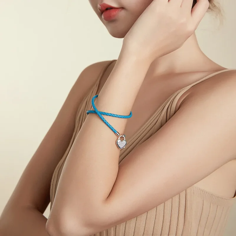 (image for) Pandora Style Heart Lock Leather Bracelet - SCB200 - View 8