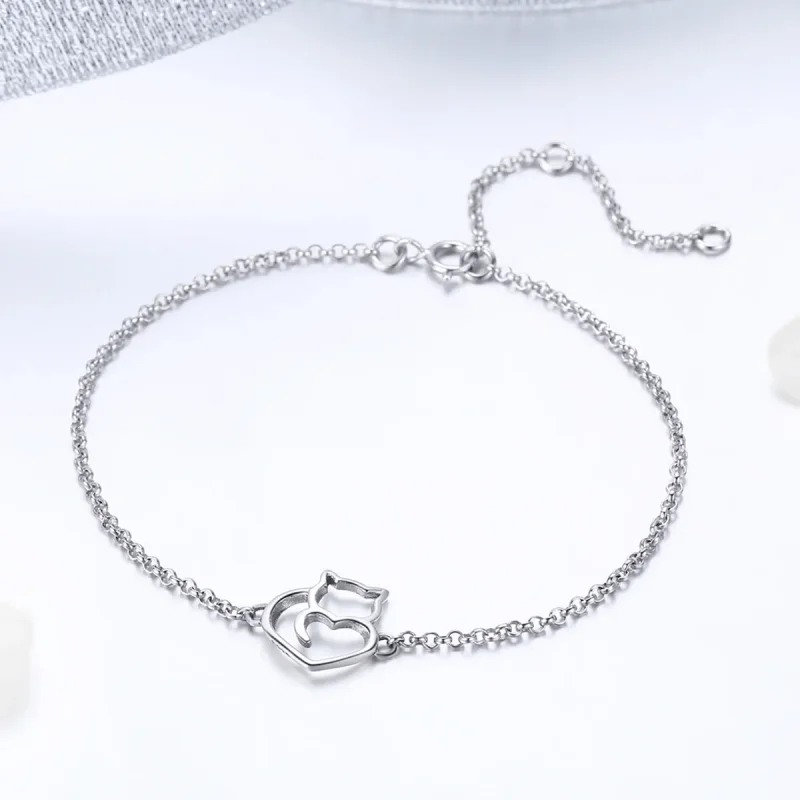 (image for) Pandora Style Rose Gold & Silver Cute Cat Chain Slider Bracelet - SCB102-C - View 3