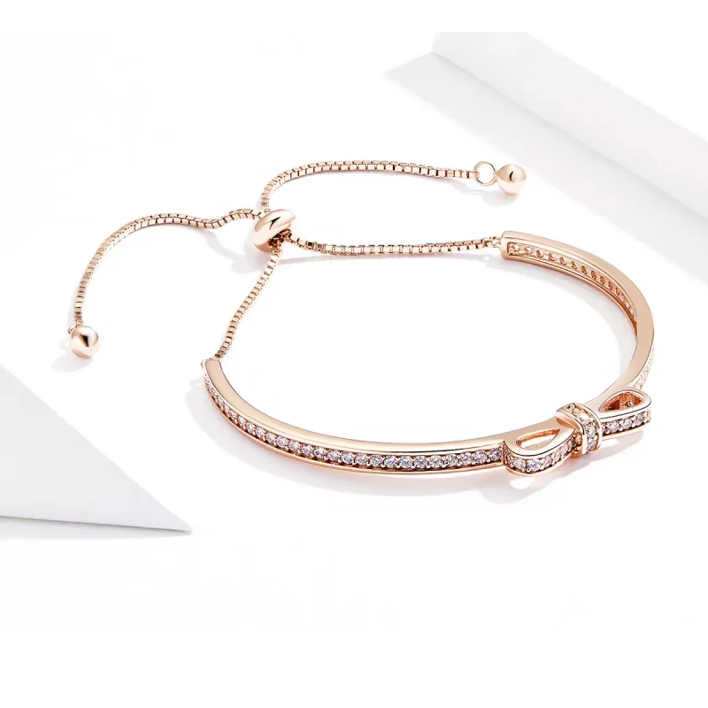 (image for) Pandora Style Rose Gold Sweet Bow Clasp Slider Bangle - SCB108-C - View 4