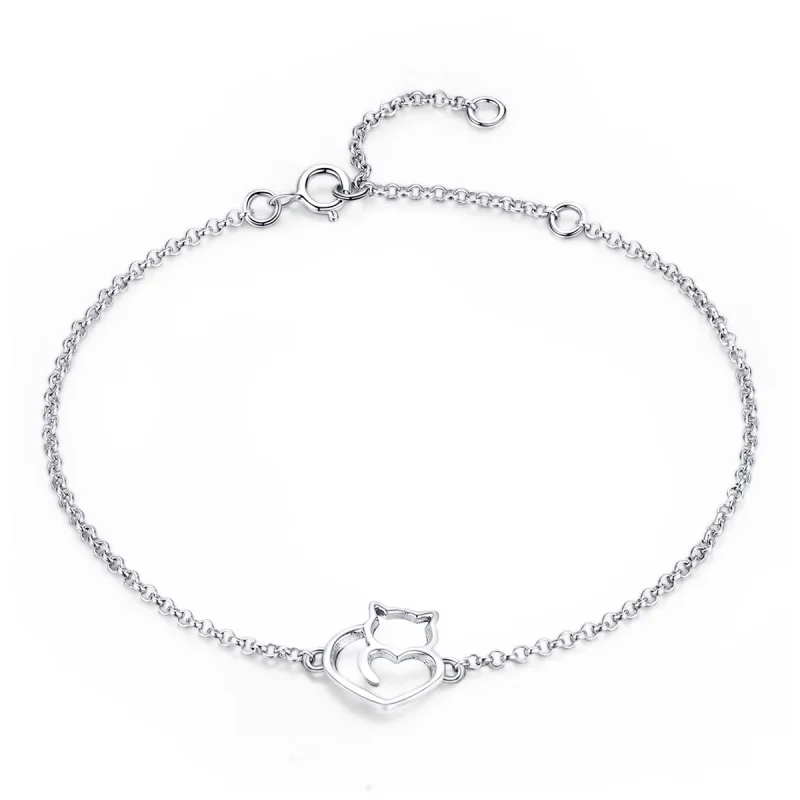 (image for) Pandora Style Silver Adorable Cat Chain Slider Bracelet - SCB102