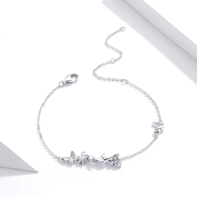 (image for) Pandora Style Silver Cat & Butterflies bracelet - SCB195 - View 2