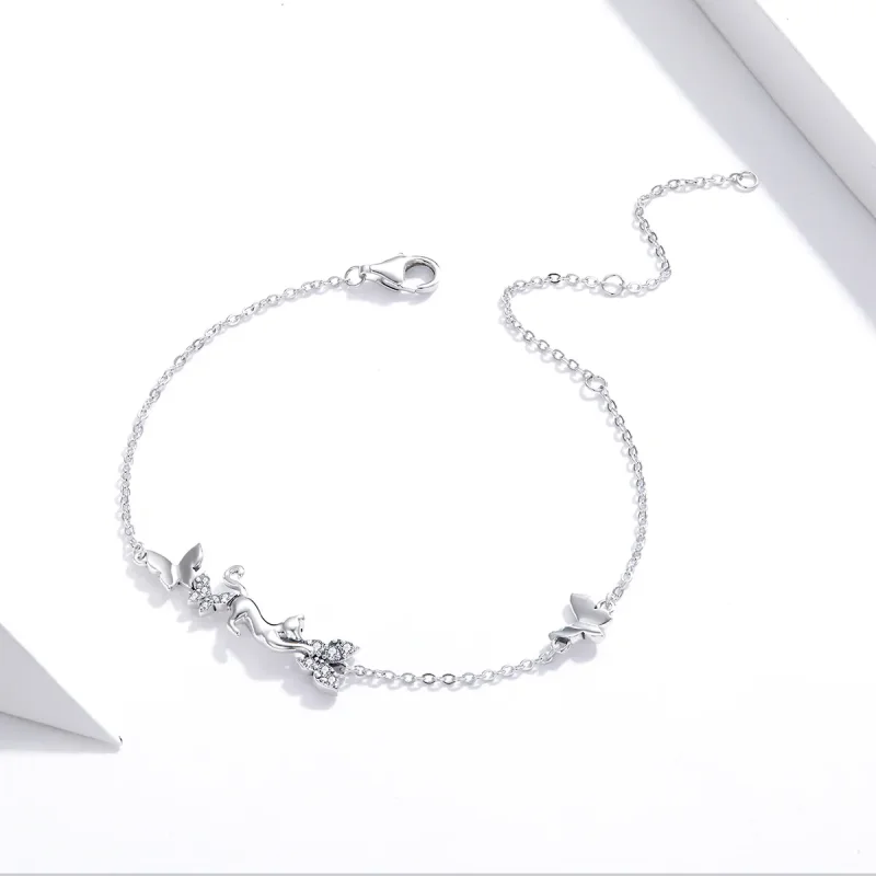 (image for) Pandora Style Silver Cat & Butterflies bracelet - SCB195 - View 3