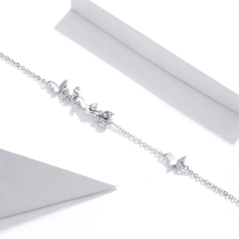 (image for) Pandora Style Silver Cat & Butterflies bracelet - SCB195 - View 4