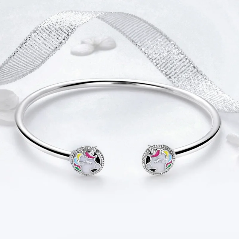 (image for) Pandora Style Silver Enamel Unicorn Memory Open Bangle - SCB082 - View 3