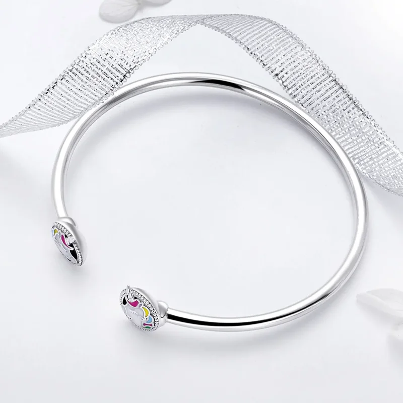 (image for) Pandora Style Silver Enamel Unicorn Memory Open Bangle - SCB082 - View 4