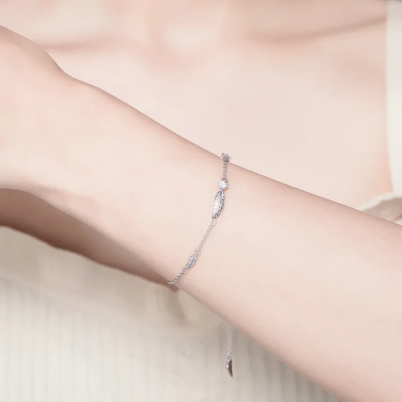 (image for) Pandora Style Silver Feather Chain Slider Bracelet - SCB133 - View 2