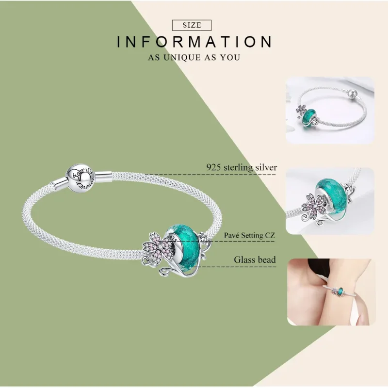 (image for) Pandora Style Silver Green Glass Bead and Sakura Mesh Bracelet - SCB822 - View 3