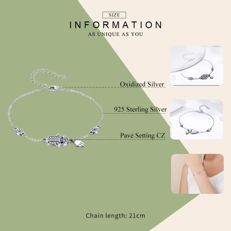 (image for) Pandora Style Silver Hand of Fatima Chain Slider Bracelet - SCB079 - View 5