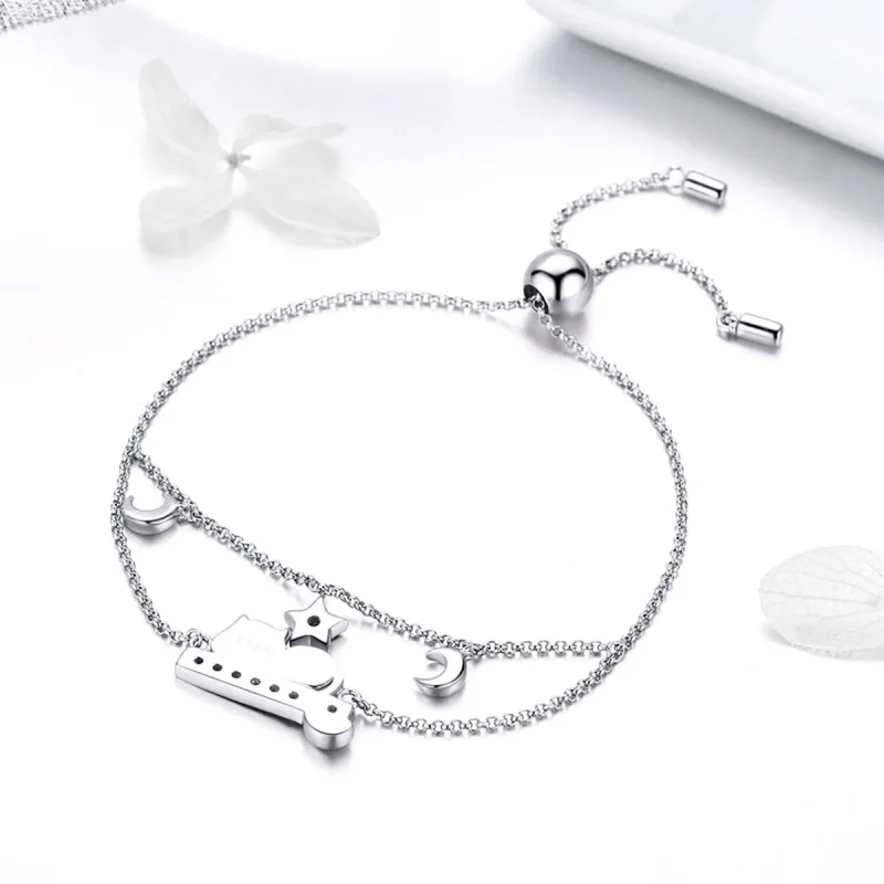 (image for) Pandora Style Silver Happy Kitty Chain Slider Bracelet - SCB129 - View 3