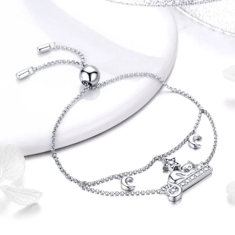 (image for) Pandora Style Silver Happy Kitty Chain Slider Bracelet - SCB129 - View 4