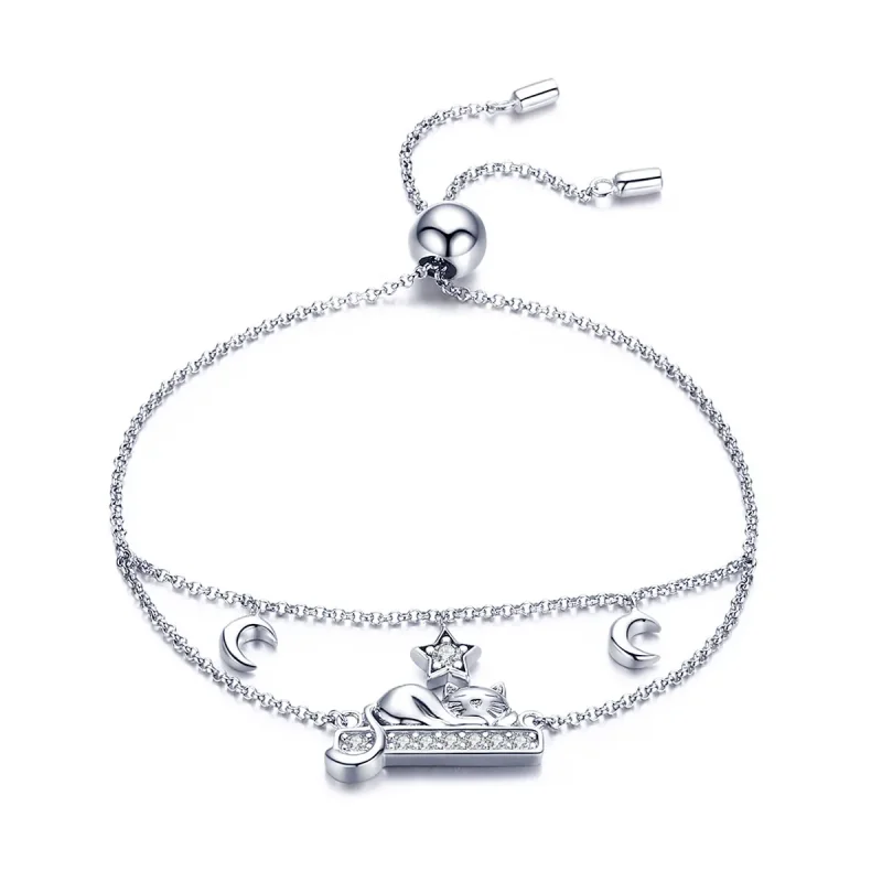 (image for) Pandora Style Silver Happy Kitty Chain Slider Bracelet - SCB129