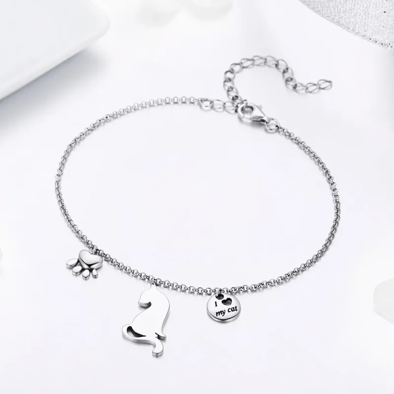 (image for) Pandora Style Silver I Love Cat Finished Chain Slider Bracelet - SCB070 - View 4