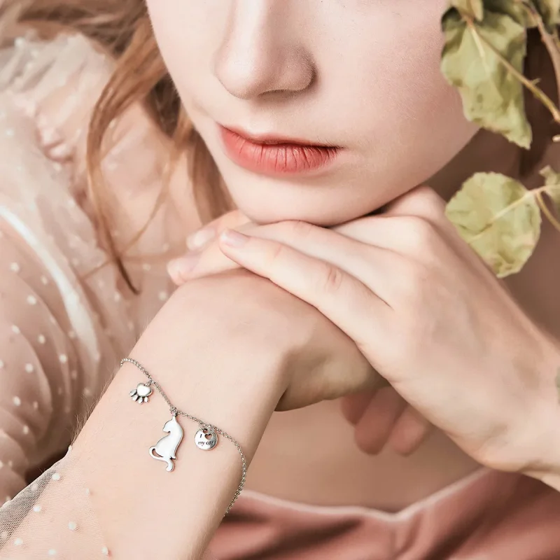 (image for) Pandora Style Silver I Love Cat Finished Chain Slider Bracelet - SCB070 - View 6