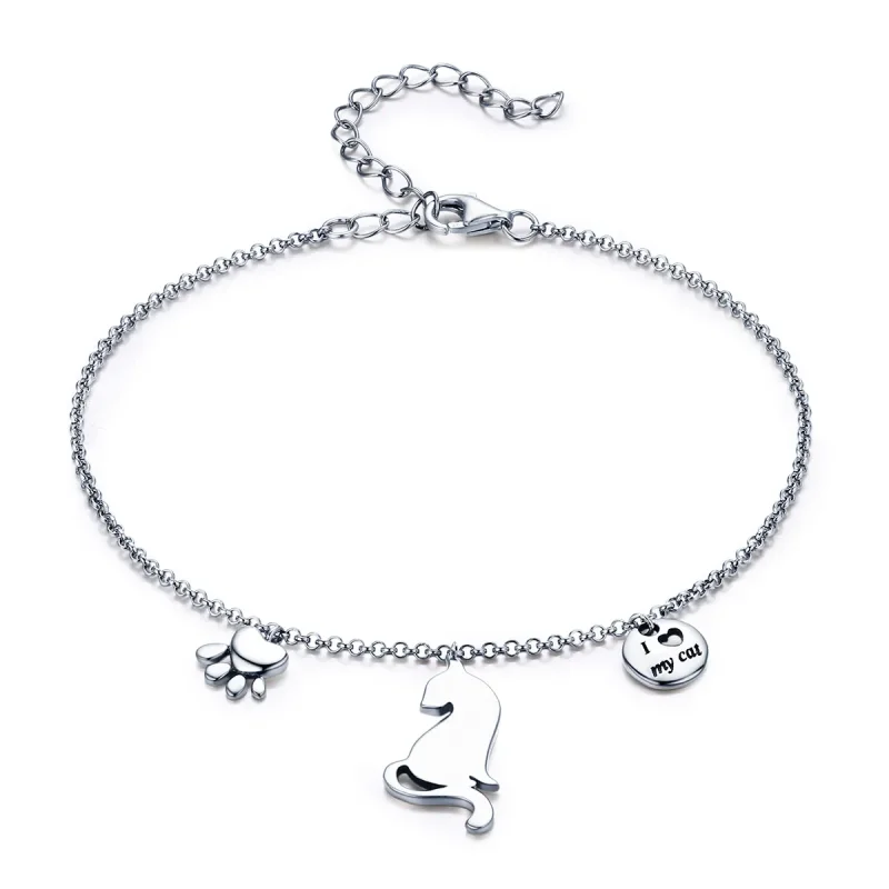 (image for) Pandora Style Silver I Love Cat Finished Chain Slider Bracelet - SCB070