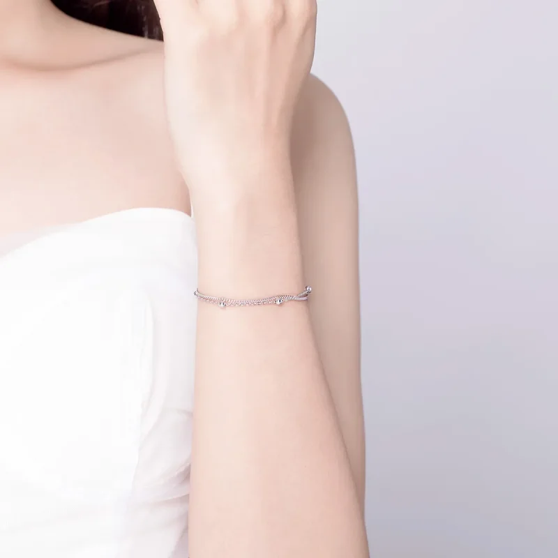 (image for) Pandora Style Silver Little Beads Chain Slider Bracelet - SCB131 - View 4
